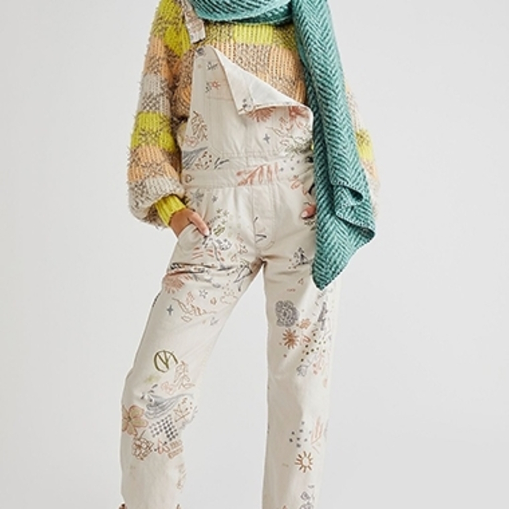 We The Free People Ziggy Pastel Floral Denim Overall Oversized Boho Hippie Y2K - Picture 2 of 11